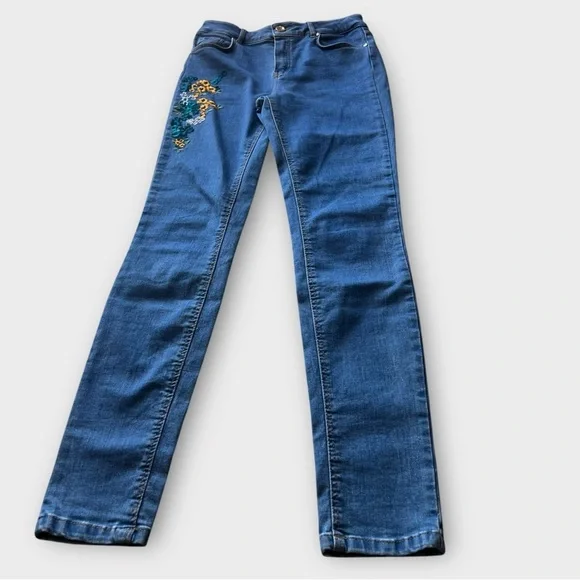 Massimo Dutti Boho Flower Embroidered High Waisted Stretch Skinny Jeans Size 4 - Picture 3 of 11